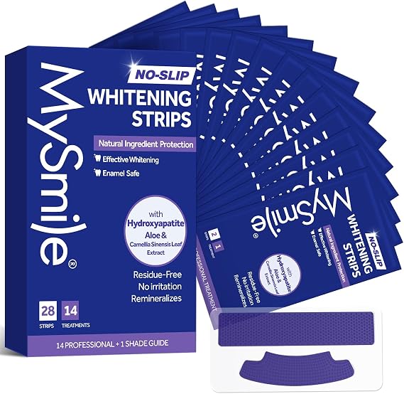 MySmile Teeth Whitening Strips 14 Treatments Kit, Hydroxyapatite-Infuse White Strips, Non-Sensitive Teeth Whitening with Soothing Natural Ingredients, Enamel-Safe, Residue-Free, Non-Slip(28 Count)