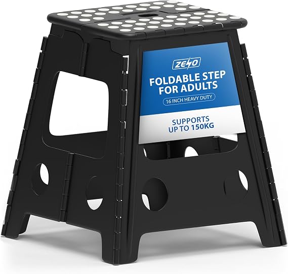 ZENO Step Stool 16 Inch | Folding Stool | Heavy Duty Foldable Stools for Adults & Kids | Folding Stools for Kitchen, Bathroom, Bedroom | Lightweight & Easy To Carry | Holds 150KG | Black