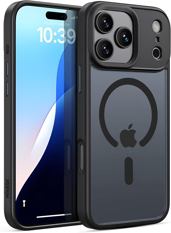 Minesk iPhone 17 Pro için Magsafe ile Uyumlu Fusion Mat Serisi Kaliteli Orijinal Versiyon Kılıf Metal Tuş Takımı ve Ultra Güçlü Gerçek Mıknatıslar Şık Tasarım Kılıf (Siyah, 17 Pro)