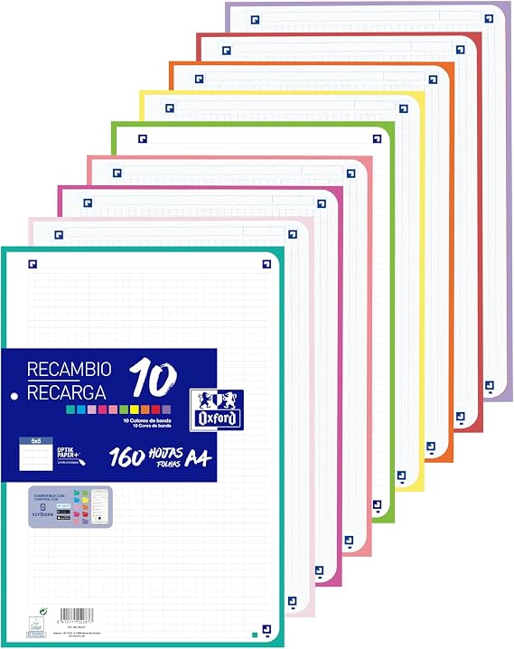 Oxford A4 Sheets Squared Perforated 160 Sheets Squared 5x5 10 Ribbon Colours