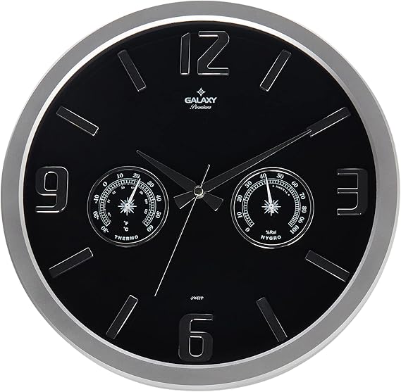 GALAXY 705-BK Home and Office Wall Clock with Embossed Numbers with Thermometer and Baramotre Feature, 38cm