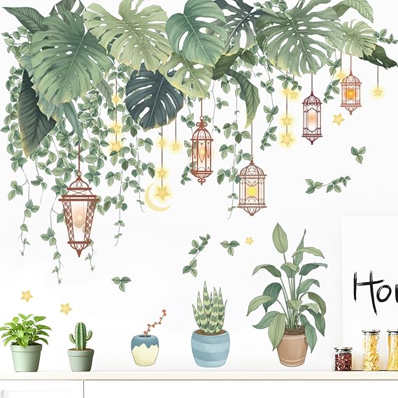 Green Tropical Leaves Wall Stickers Large Tropical Leaves Wall Decals Green Palm Leaf Wall Stickers with Hanging Vine Leaf Lantern for Bedroom Living Room Bathroom Decoration
