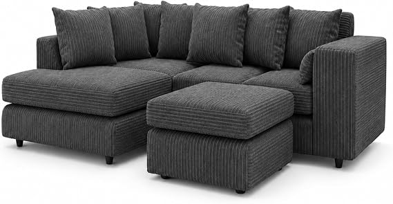 Gamzo L Shape Sofa with Footstool - Jumbo Cord Corner Fabric Sofa (Grey)