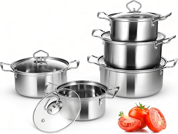 Induction Cookware Set, 10 Pieces, Stainless Steel Cookware Set with Glass Lids and Saucepan, Suitable for All Types of Cookers, Uncoated