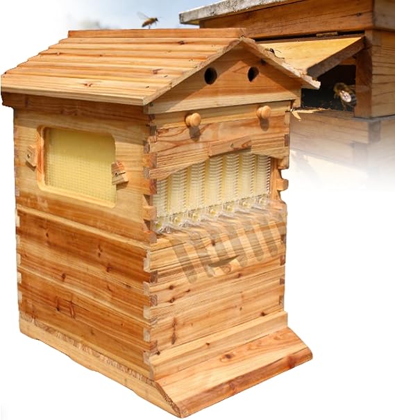 Self Flowing Bee Hive Box, Premium Cedar Wood Beehive Starter Kit Equipped With 7 Auto Super Frames And Bamboo Queen Excluder, Practical Beekeeping Supplies For Beginners And Hobbyists