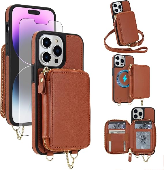 iPhone 16 Pro用電話ケース ウォレット ジッパー ハンドバッグ カバー スクリーンプロテクター クロスボディ ストラップ ストラップ 2イン1 磁気取り外し可能 MagSafe対応 RFIDブロック i Phone16 i16 16Pro 女性用 ブラウン