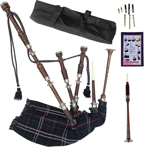 Natural Wood Bagpipe Complete Set | Carry Bag, Practice Chanter, Drone & Pipe Reeds, Tutor Book | Playable Highland Bagpipes in Multiple Tartan Colors (Scottish National)