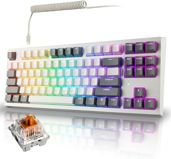 TECWARE ELITE Phantom+ 87-Key US Layout RGB Wireless/BT5.0 Mechanical Keyboard (White) Wraith Brown Switch (Prelubed, 50g Tactile) Per Key Colour and Lighting