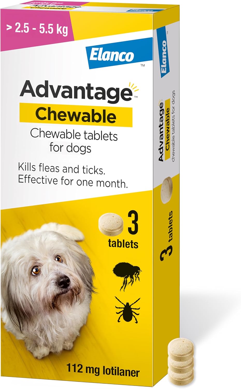 Advantage Chewable 112mg Chewable Tablets for Dogs >2.5-5.5kg 3 pack, Flea and Tick Treatment, Fast Acting Kills Fleas Within Hours, Prevention Lasts For A Month, Easy To Administer