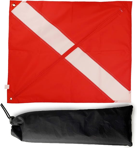 Boat Diver Down Dive Flag - 20" x 24" legal size flag with collapsible stiffening pole, reinforced grommets and carry bag for scuba diving, spearfishing, snorkeling, freediving and boating