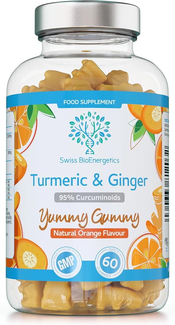 Turmeric Curcumin Gummies with Ginger - 60 Natural Orange Flavour Juicy Yummy Gummies – with a Huge 95% curcuminoids, Vegan & Gelatin Free – 30 Day Supply for Men, Women & Children – Made in the UK
