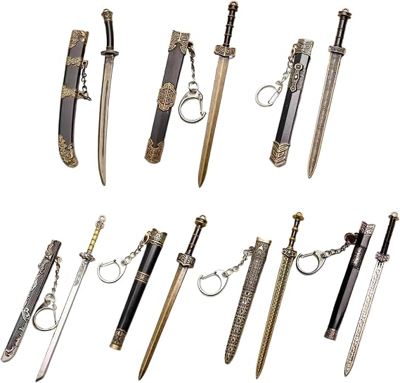 7Pcs Mini Sword, 4.7" Ancient Sword Keychain Metal Mini Swords for Men Women