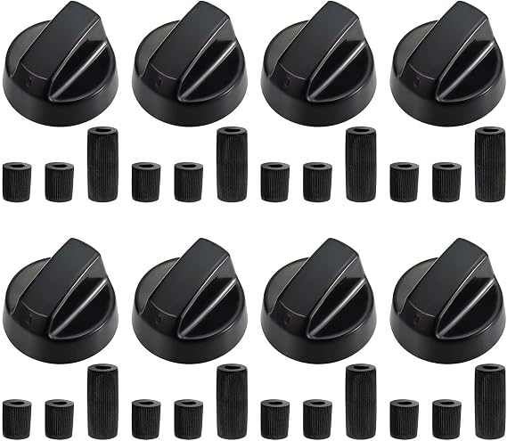 8 Pack Black Universal Cooker Knobs Replacement Set - Heat-Resistant Gas Hob Knobs for Electric Ovens, Stoves & Kitchen Appliances with 24 Accessories