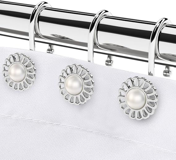 Silver Shower Curtain Hooks Rings, Decorative Shower Curtain Hangers, Heavy Duty Metal Shower Rings, Sunflower Shower Hooks for Shower Curtain Rod and Liner, Bathroom Curtain Hooks, Chrome,