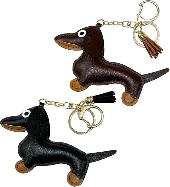 Pack of 2 Dachshund Keyrings Cute Dog Bag Pendant Leather Keychain Gifts for Favourite Person Women Men Birthday Key Ring