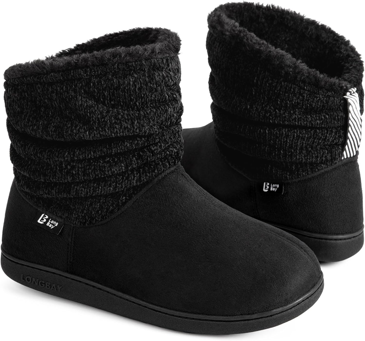 LongBay Ladies' Warm Chenille Knit Bootie Slippers Women's Comfy Suedette Fluffy Faux Fur Memory Foam Boots House Shoes