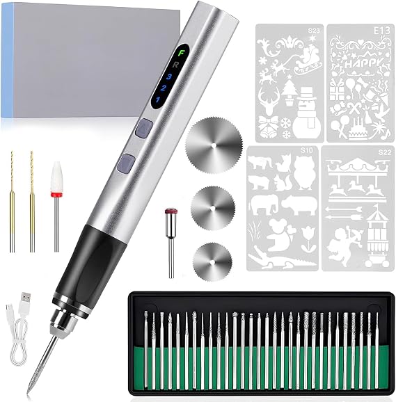 Cordless Engraving Pen, 3-Speed Electric Engraving Tool Kit, 18000 RPM Engraver Pen with 30 Drill Bits, 7 Grinding Accessories & 4 Templates for Wood, Resin & Jewellery