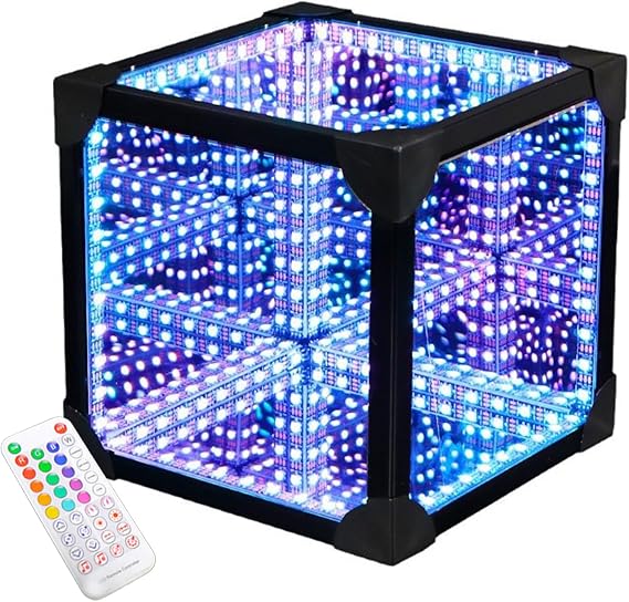 3D Infinity Mirror Tunnel Light, Cool Cosmic Cube Lamp with Remote Control & App Control, RGB Colors, Sound Reactive Desktop Lamp for Bedroom Party Living Room 15 * 15 * 15cm/5.9 * 5.9 * 5.9in [Energy Class A]