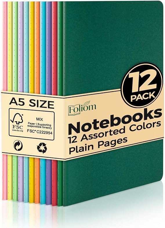 12 Pack A5 Plain Notebooks, Kraft Paper Cover, Blank Journal Bulk Set