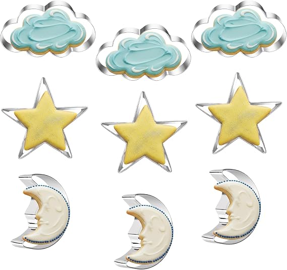 9 Pcs Star Moon Cloud Cookie Cutters Set Stainless Steel Biscuit Cutters Dishwasher Safe for Baking Cookies Cakes Fondant Decorations Holiday Treats Pastry Doughs