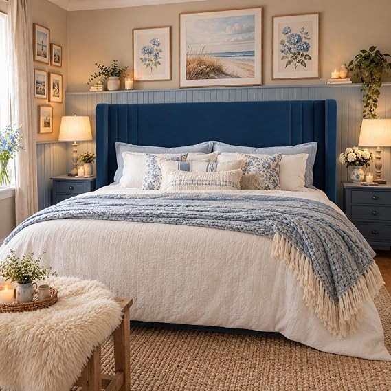 SHA CERLIN Queen Velvet Upholstered Bed Frame, Wingback Headboard, Blue