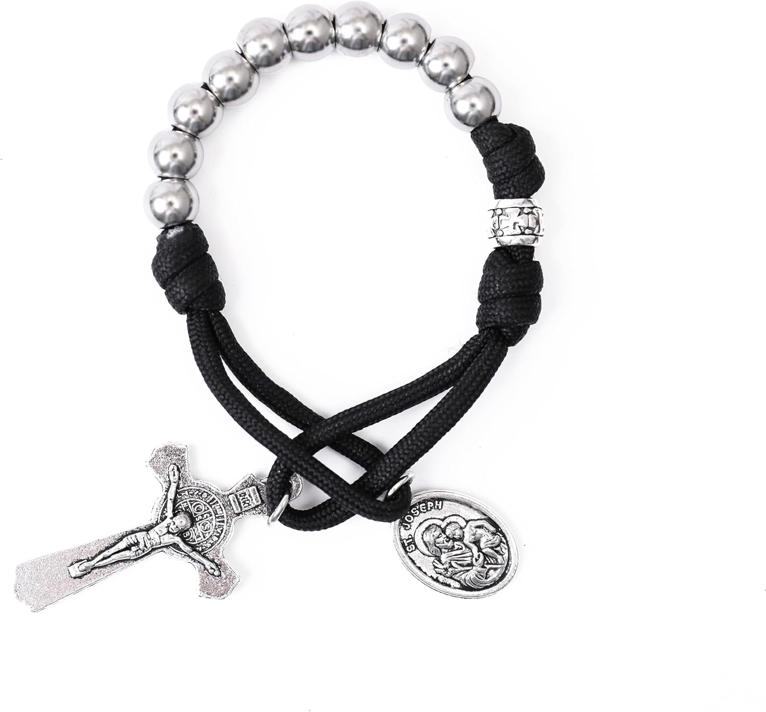 Nazareth Store Olive Military One Decade Paracord Rosary Silver Beads Pocket Car Rosary Pray For Us St. Joseph Medal & St. Benedict Cross