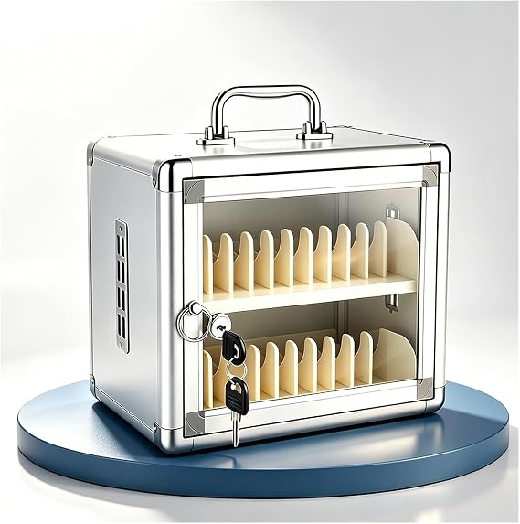 24 Slots Cell Phone Locker Box Cabinet, Aluminum Alloy Phone Storage Box with Heat Vents &amp; Dividers, Secure Mobile Phones Locker with Pull Rings for Office Classroom Gym 26.6x20x23cm