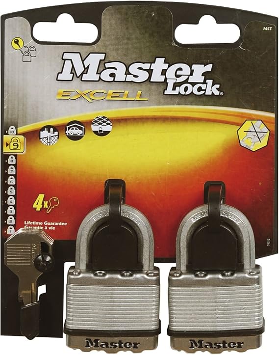 MASTER LOCK Pack of 2 Very High Security Padlocks, Security Level 9/10, Outdoor, Keyed, Laminated Steel, Weatherproof, Standard Shackle
