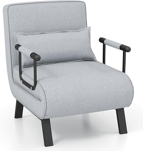 COSTWAY Folding Sofa Bed, 4-in-1 Convertible Single Sofa Chair Bed with 6-Position Adjustable Backrest and Pillow, Padded Seat Lounge Couch Guest Sleeper Recliner Armchair for Living Room (Light Grey)