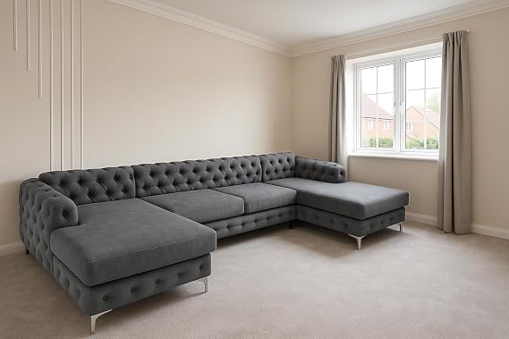 Sofaya Bella U Shaped Chesterfield Sofa Full Back Sectional Chaise Sofa with Deep Button Tufting – Upholstered Fabric Couch with Cushions - 6-Seater Sofa for Living Rooms (Grey, Fabric Sample)
