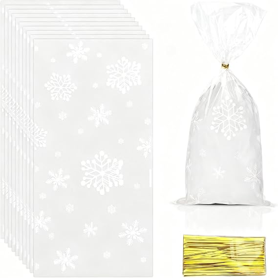 Christmas Cellophane Gift Bags, Christmas Treat Bags, 100 Pcs Clear Snowflake Cookie Candy Cellophane Bags with Twist Ties, goodie bags for Xmas Winter Holiday Party Favor Bags Goody Supplies