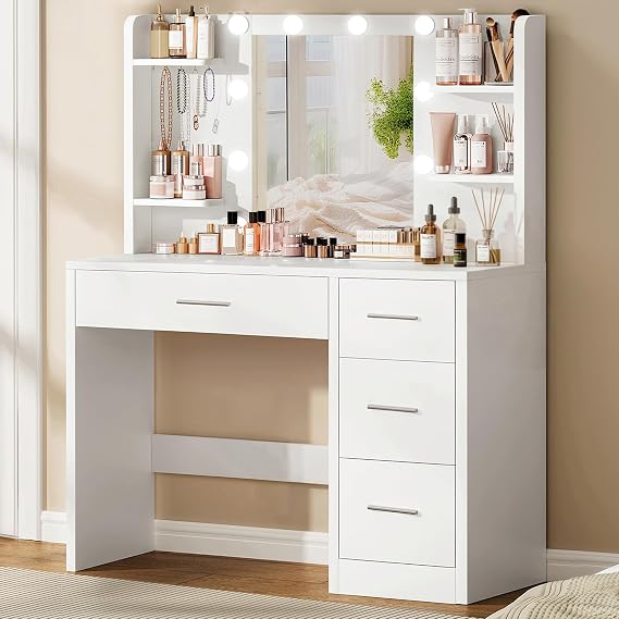 TEENFON Dressing Table, Vanity Desk with Mirror and Lights, Vanity table with 4 Storage Shelves for Bedroom, 4 Drawers 5 Jewelry Hooks White