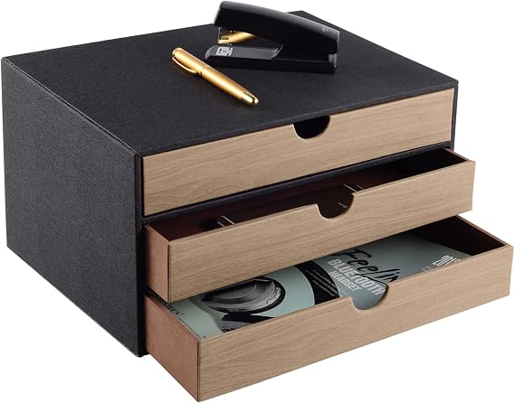 PU Leather Desk Organizer with 3 Drawers,Office Desktop MultiFunctional Drawer for Stationery/A4 Paper/Document/Magazine/Book/Letter/Jewelry/Makeup Product Home Decora Storage Box (Black)