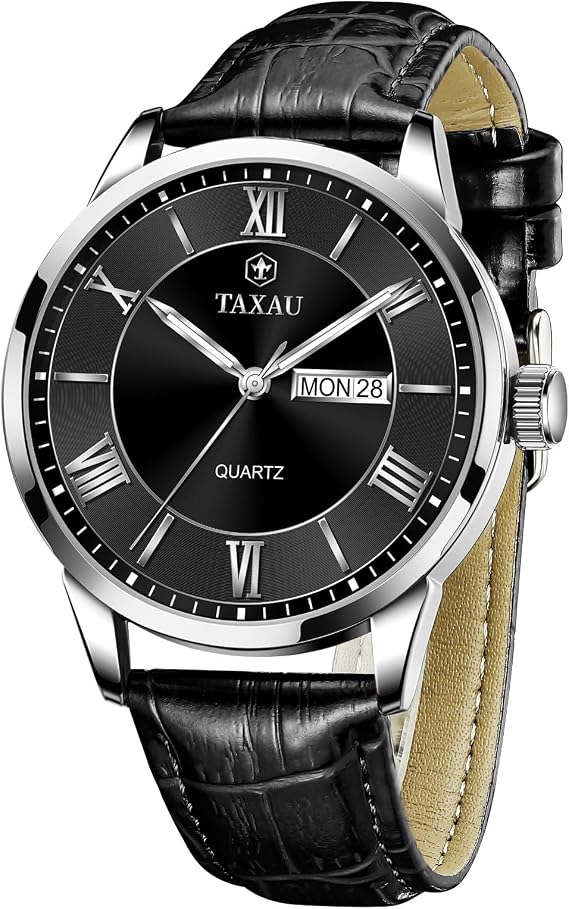 Taxau Men's Watch Leather Men's Watch Leather Strap Watches Men's Large Dial Day Date Men's Watch Waterproof Watch Casual Business Watch for Men