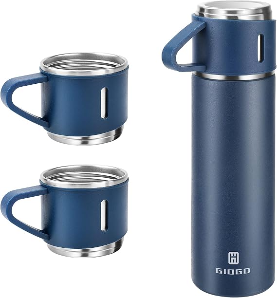 Vacuum Insulated Flask 500ml/16.9oz Stainless Steel Thermo Bottle with Cup for Coffee Water Hot and Cold Drink Flasks.(Blue,Set)