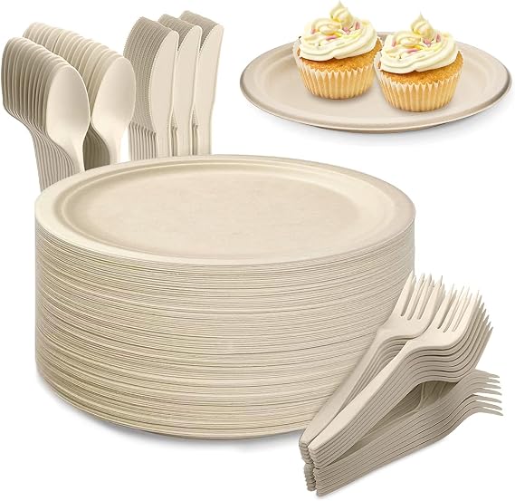 Disposable Plates 200PCS Includes 50 Plates, Forks, Knives and Spoons
