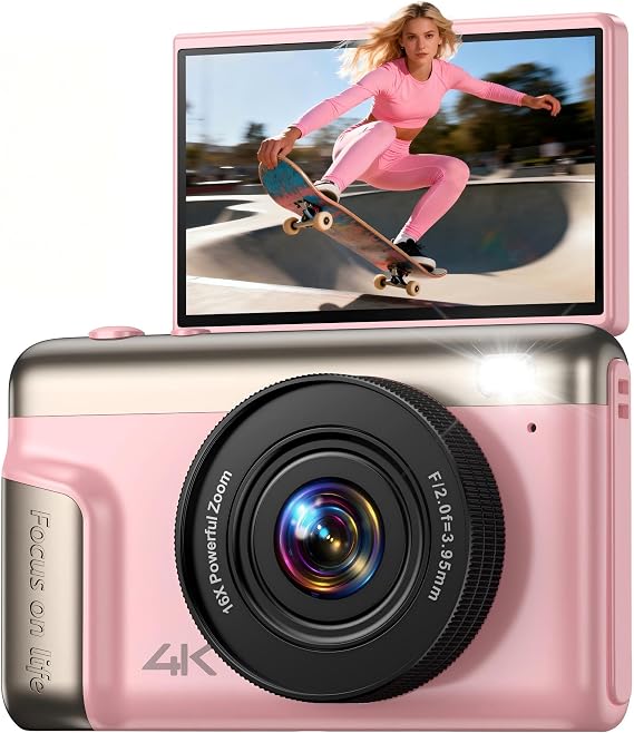 4K Digital Camera Kids for Vlogging: 64MP Compact Cameras with Flip Screen & Anti-Shake - Gift for Beginners/Teens/Adults - Video Photography Cam Travel for Boys Girls Pink No SD Card