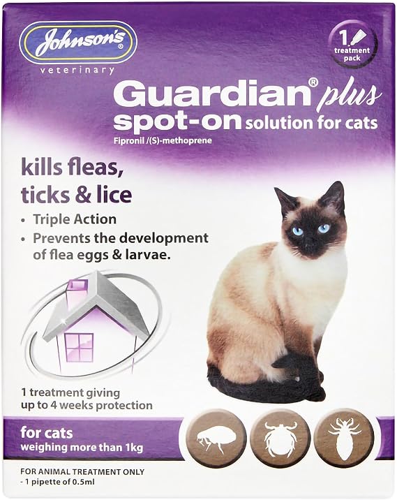 Johnsons Guardian Plus Spot On for Cats Over 1kg - 1 Treatment, Kills Fleas, Ticks & Lice, Stops Flea Eggs Hatching