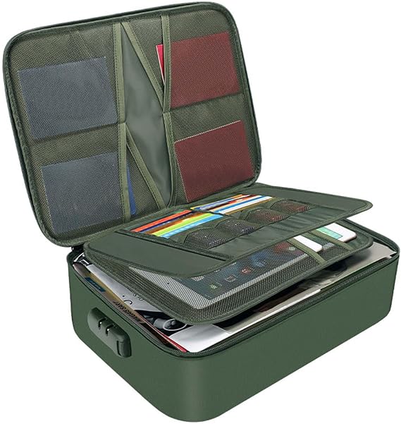 Fireproof Document Box, Waterproof File Organiser Box, Safe Portable Home Fire Lockable Storage Boxes, Collapsible Travel Document Holder, File Storage Boxs with Inserts Bags and Zipper (Green)
