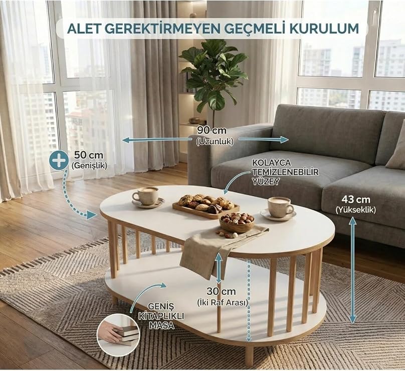 İskandinav Tarzı Alt Raflı Oval Orta Sehpa Dekoratif Salon Masası (beyaz)