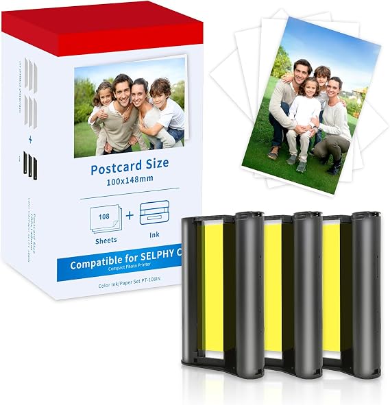 Replace For Canon Selphy CP1500 Photo Paper Cartridge KP-108IN 3115B001(AA) 4 x 6 inches, Compatible with Canon Selphy CP 1500 CP 1300 Paper and Ink 3 Ink Cartridges with 108 Papers