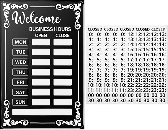 2 PCS Changeable Business Hours Sign,Black Open Closed Signs Hours of Operation Signs for Business,Store Time Mark with Stickers for Stores and Restaurants Glass Door or Window
