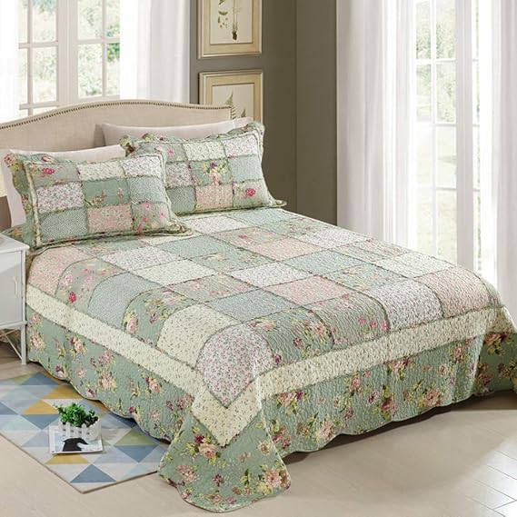 Quilted Bedspread Double King Size Bedspread Cotton Patchwork Quilt Bedding Throw Set Comforter Set with Pillow Shams, Patchwork 7