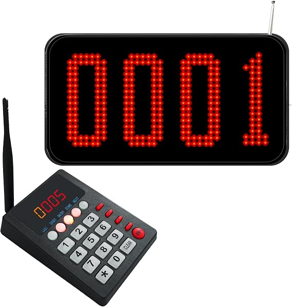 Take a Number Systemワイヤレスキューコールシステム 4桁LEDディスプレイスクリーン 音声ブロードキャスト&通話キーパッド付き、レストラン、教会、クリニック、ファーストフード、病院用の長距離待機番号システム