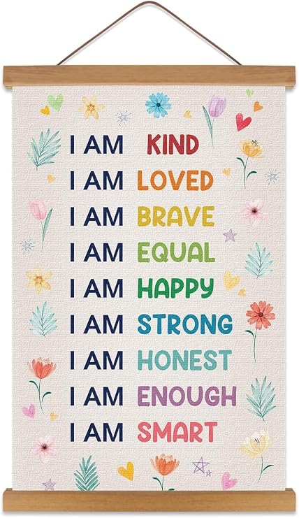 KAIRNE Floral Kids Positive Affirmations Canvas Hanging Scroll Wall Decor