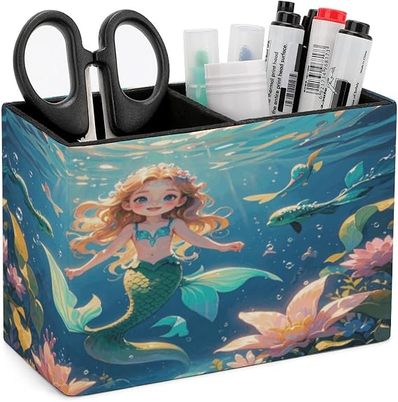 PU Leather Desk Mermaid Pen Holder Scratchproof