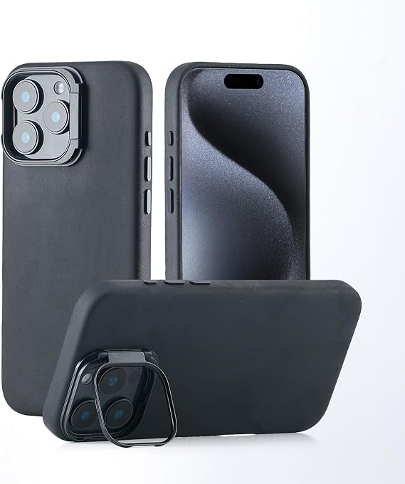 iPhone 16 Pro6.3インチ用本革ケース、スタンド付きヴィンテージクレイジーホースレザーケース、カメラフレームホルダー付き磁気フォンケース、MagSafe対応ブラック