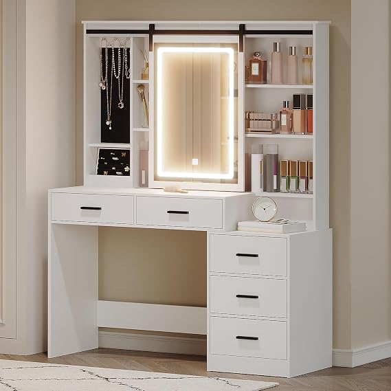 Hzuaneri Makeup Vanity with Adjustable LED Lights, Large Removable Mirror with Jewelry Box, Open Shelves, 5 Drawers, with Side Table, Bedroom White DT33103X [Energy Class G]