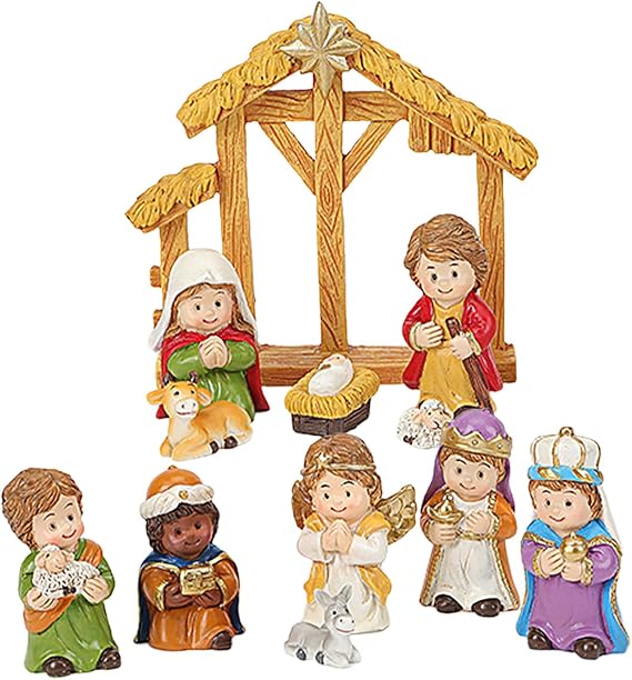 Nativity Scene Figurine Set - 12X Miniature Jesus Manger Display, Sacred Moment Religious Crib Ornament | Resin Christmas Nativity Statue for Church Catholic Decoration Indoor Tabletop Countertop Home