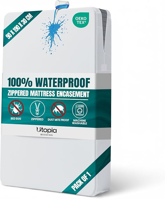 Waterproof Zippered Mattress Encasement, Single Bed 90x190x30 cm